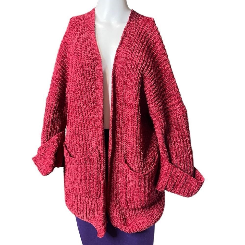 Chenile Oversized Open Front Pocketed Cardigan Pink Red Size Small